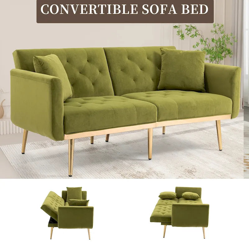 Minimalistisches Samtsofa mit Polsterung, getufteter Rückenlehne, Metallfüßen und Doppelsitz, als Schlafsofa fürs Wohnzimmer