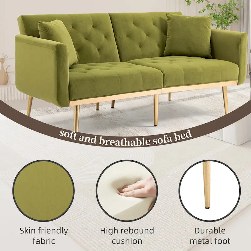 Minimalistisches Samtsofa mit Polsterung, getufteter Rückenlehne, Metallfüßen und Doppelsitz, als Schlafsofa fürs Wohnzimmer