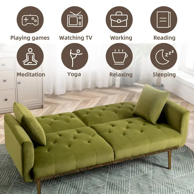 Minimalistisches Samtsofa mit Polsterung, getufteter Rückenlehne, Metallfüßen und Doppelsitz, als Schlafsofa fürs Wohnzimmer