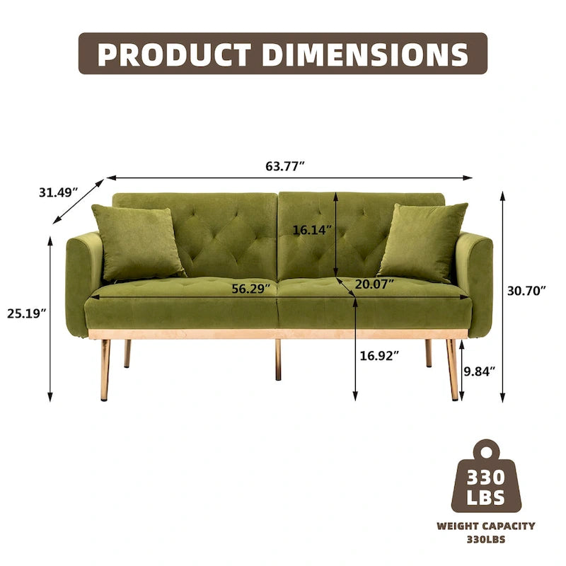 Minimalistisches Samtsofa mit Polsterung, getufteter Rückenlehne, Metallfüßen und Doppelsitz, als Schlafsofa fürs Wohnzimmer