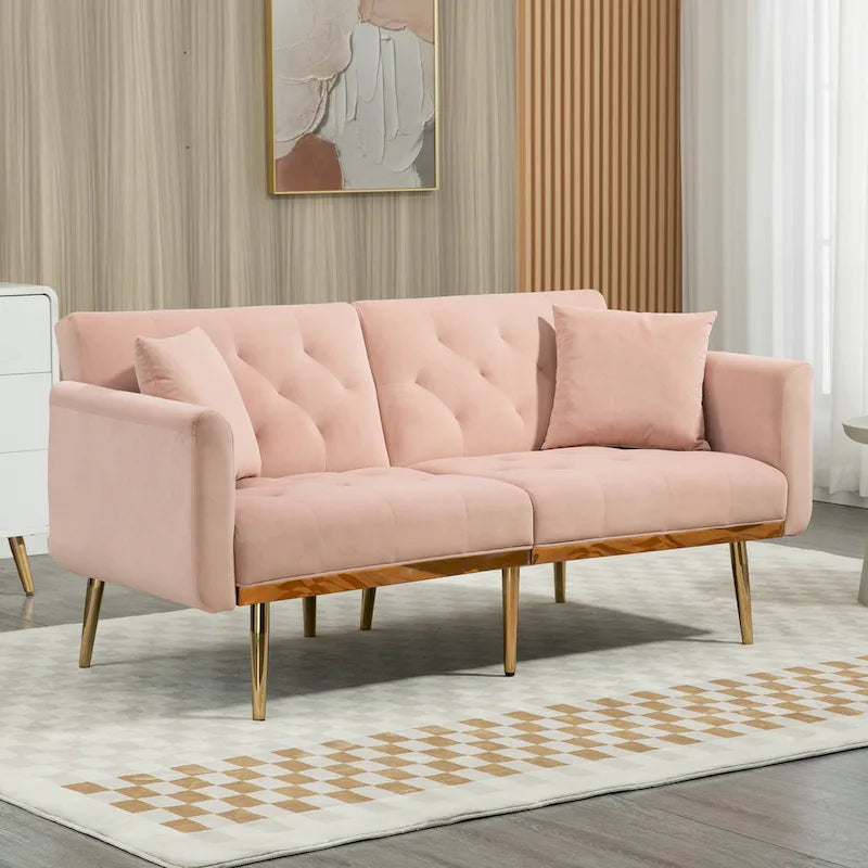 Minimalistisches Samtsofa mit Polsterung, getufteter Rückenlehne, Metallfüßen und Doppelsitz, als Schlafsofa fürs Wohnzimmer