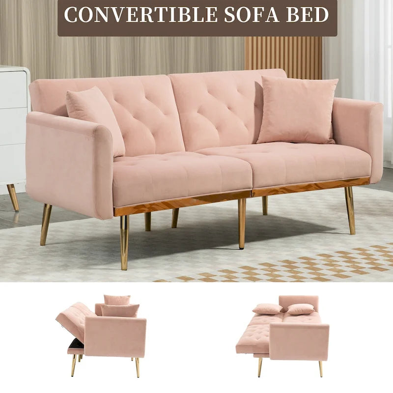 Minimalistisches Samtsofa mit Polsterung, getufteter Rückenlehne, Metallfüßen und Doppelsitz, als Schlafsofa fürs Wohnzimmer