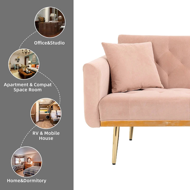 Minimalistisches Samtsofa mit Polsterung, getufteter Rückenlehne, Metallfüßen und Doppelsitz, als Schlafsofa fürs Wohnzimmer