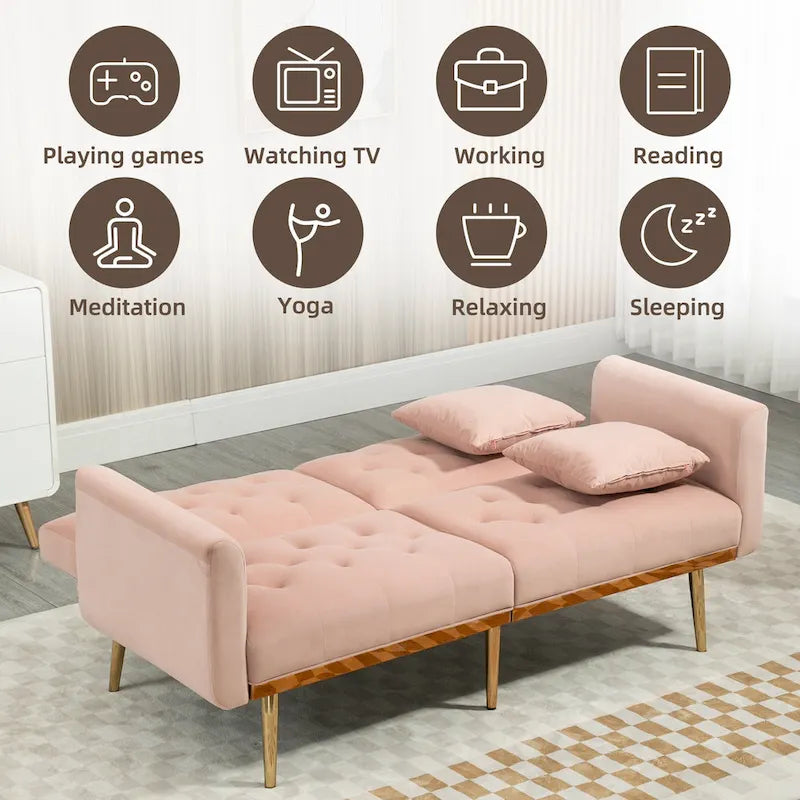 Minimalistisches Samtsofa mit Polsterung, getufteter Rückenlehne, Metallfüßen und Doppelsitz, als Schlafsofa fürs Wohnzimmer