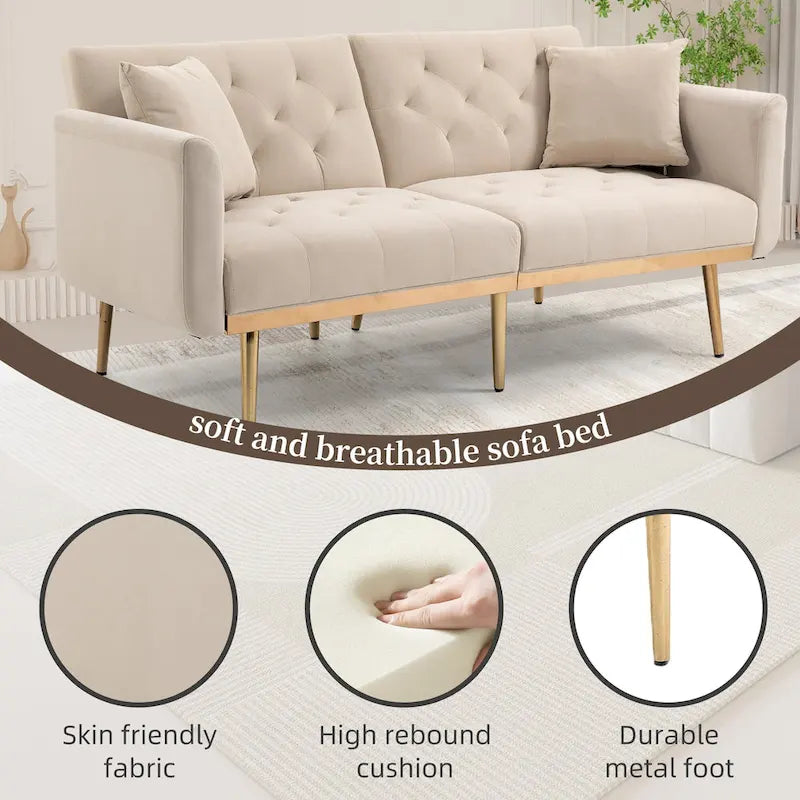 Minimalistisches Samtsofa mit Polsterung, getufteter Rückenlehne, Metallfüßen und Doppelsitz, als Schlafsofa fürs Wohnzimmer