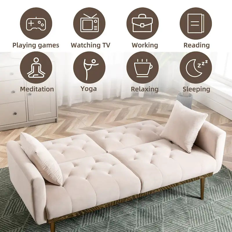 Minimalistisches Samtsofa mit Polsterung, getufteter Rückenlehne, Metallfüßen und Doppelsitz, als Schlafsofa fürs Wohnzimmer
