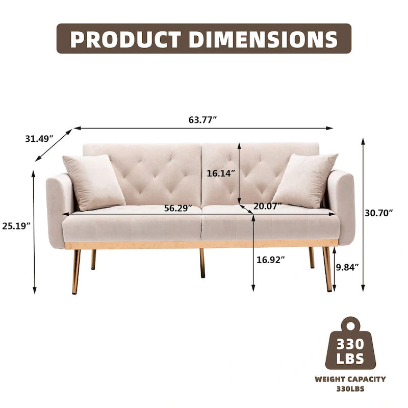 Minimalistisches Samtsofa mit Polsterung, getufteter Rückenlehne, Metallfüßen und Doppelsitz, als Schlafsofa fürs Wohnzimmer