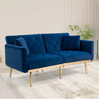 Minimalistisches Samtsofa mit Polsterung, getufteter Rückenlehne, Metallfüßen und Doppelsitz, als Schlafsofa fürs Wohnzimmer