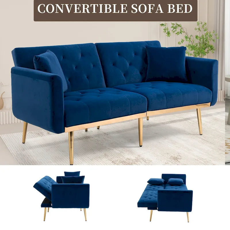 Minimalistisches Samtsofa mit Polsterung, getufteter Rückenlehne, Metallfüßen und Doppelsitz, als Schlafsofa fürs Wohnzimmer