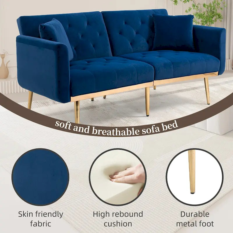 Minimalistisches Samtsofa mit Polsterung, getufteter Rückenlehne, Metallfüßen und Doppelsitz, als Schlafsofa fürs Wohnzimmer