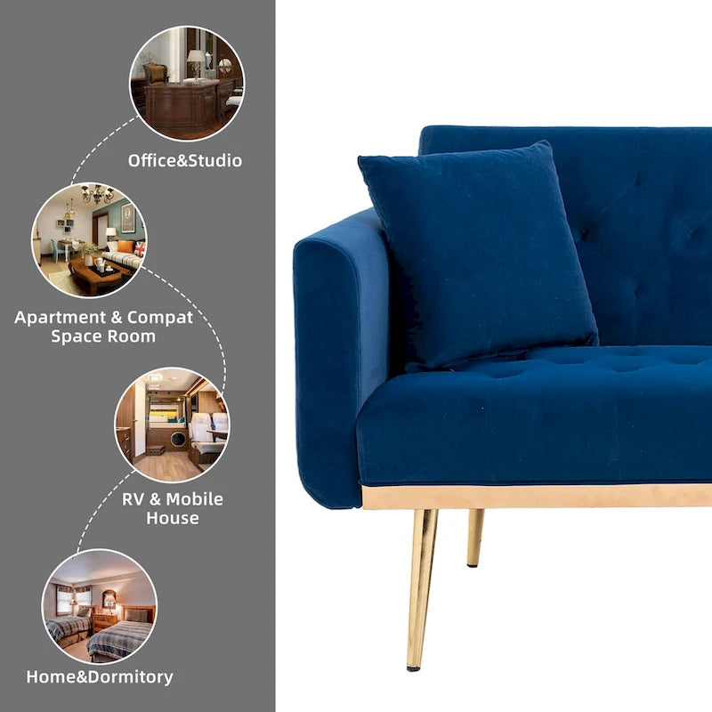 Minimalistisches Samtsofa mit Polsterung, getufteter Rückenlehne, Metallfüßen und Doppelsitz, als Schlafsofa fürs Wohnzimmer