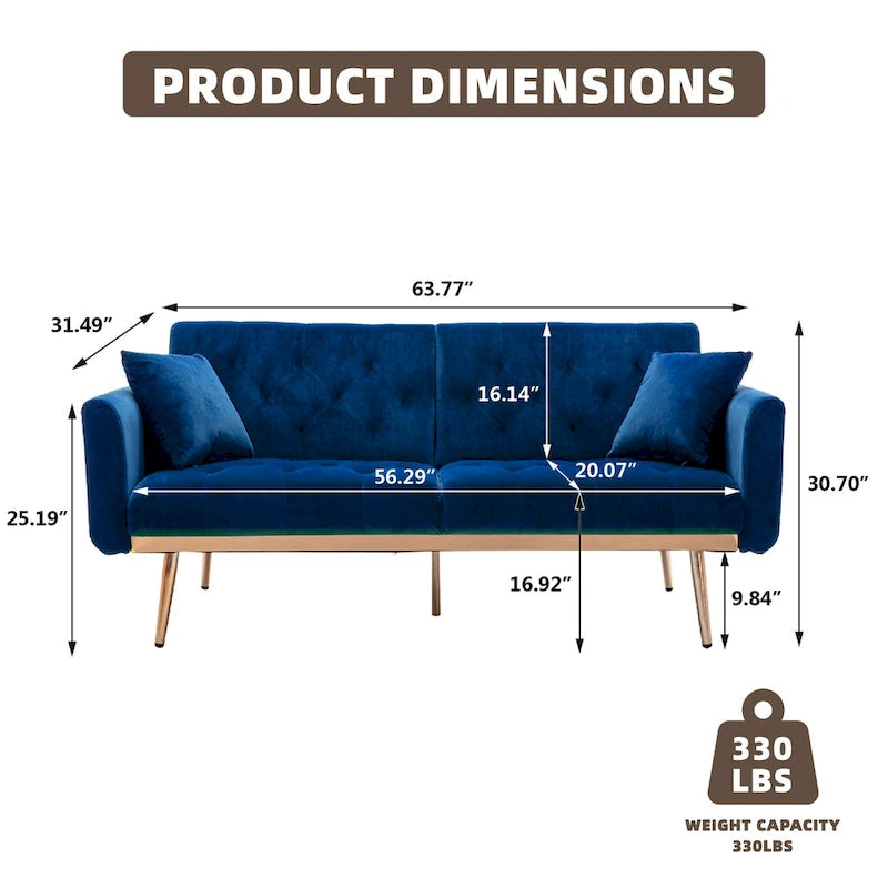 Minimalistisches Samtsofa mit Polsterung, getufteter Rückenlehne, Metallfüßen und Doppelsitz, als Schlafsofa fürs Wohnzimmer