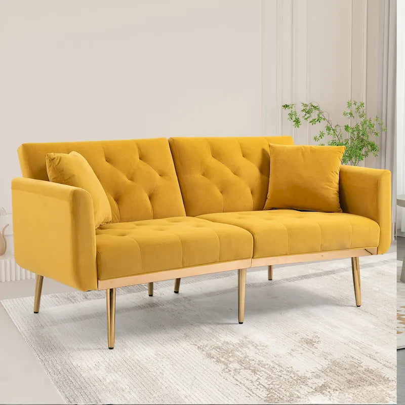 Minimalistisches Samtsofa mit Polsterung, getufteter Rückenlehne, Metallfüßen und Doppelsitz, als Schlafsofa fürs Wohnzimmer