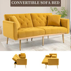 Minimalistisches Samtsofa mit Polsterung, getufteter Rückenlehne, Metallfüßen und Doppelsitz, als Schlafsofa fürs Wohnzimmer