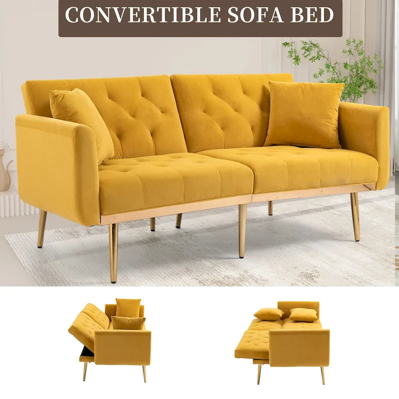 Minimalistisches Samtsofa mit Polsterung, getufteter Rückenlehne, Metallfüßen und Doppelsitz, als Schlafsofa fürs Wohnzimmer