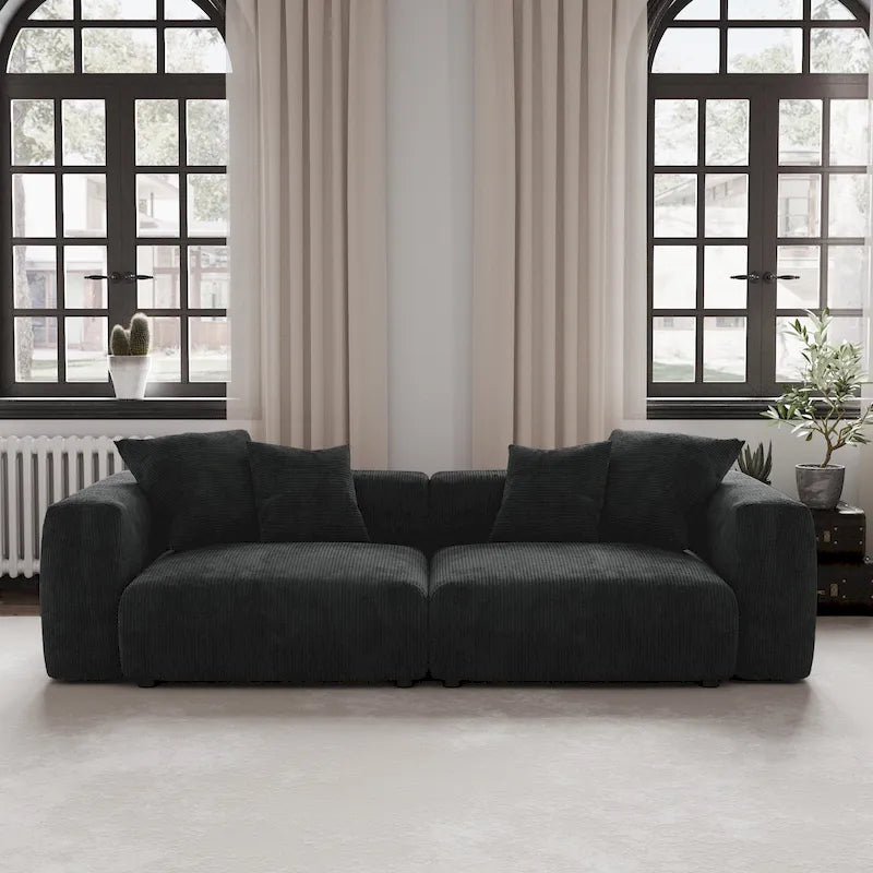 Moderne tweezitsbank van ribstof, loungebank, slaapbank en hoekbank