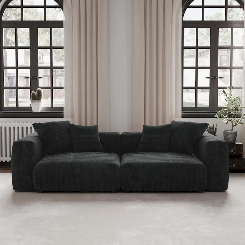 Moderne tweezitsbank van ribstof, loungebank, slaapbank en hoekbank