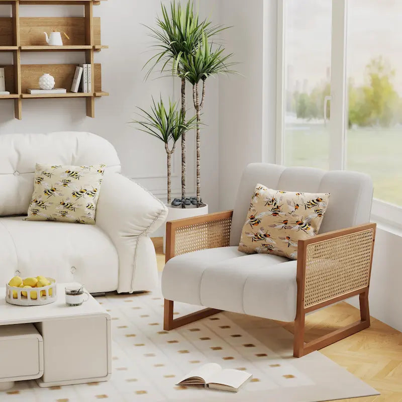 Krzesła dekoracyjne z rattanu, tapicerowane krzesło z naturalnego rattanu w stylu mid-century modern, lniane krzesła boczne z podłokietnikami do salonu i sypialni