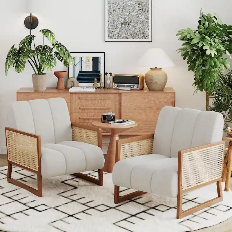 Krzesła dekoracyjne z rattanu, tapicerowane krzesło z naturalnego rattanu w stylu mid-century modern, lniane krzesła boczne z podłokietnikami do salonu i sypialni