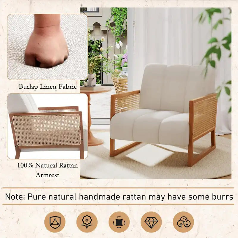 Krzesła dekoracyjne z rattanu, tapicerowane krzesło z naturalnego rattanu w stylu mid-century modern, lniane krzesła boczne z podłokietnikami do salonu i sypialni