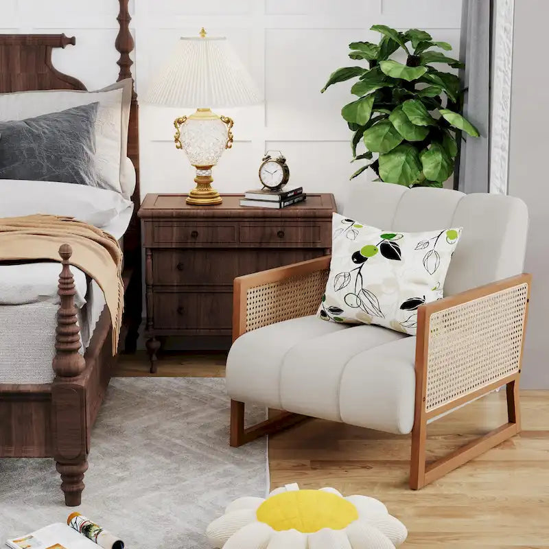 Krzesła dekoracyjne z rattanu, tapicerowane krzesło z naturalnego rattanu w stylu mid-century modern, lniane krzesła boczne z podłokietnikami do salonu i sypialni