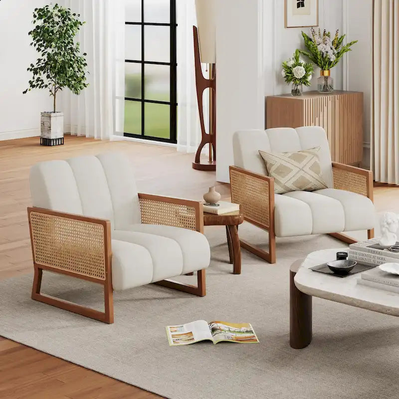 Krzesła dekoracyjne z rattanu, tapicerowane krzesło z naturalnego rattanu w stylu mid-century modern, lniane krzesła boczne z podłokietnikami do salonu i sypialni