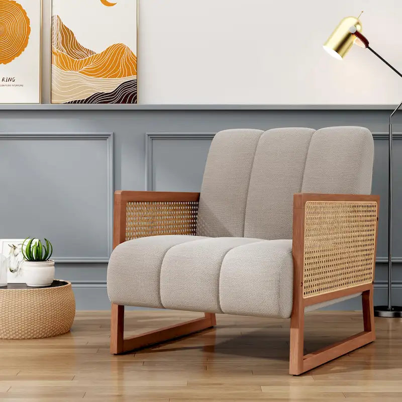 Krzesła dekoracyjne z rattanu, tapicerowane krzesło z naturalnego rattanu w stylu mid-century modern, lniane krzesła boczne z podłokietnikami do salonu i sypialni
