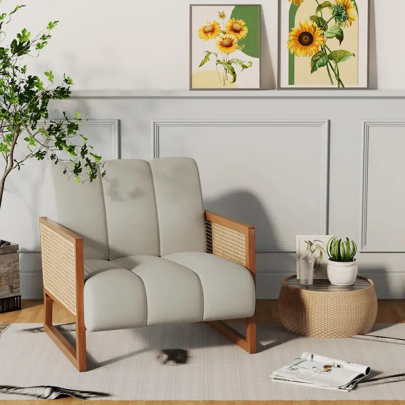 Krzesła dekoracyjne z rattanu, tapicerowane krzesło z naturalnego rattanu w stylu mid-century modern, lniane krzesła boczne z podłokietnikami do salonu i sypialni