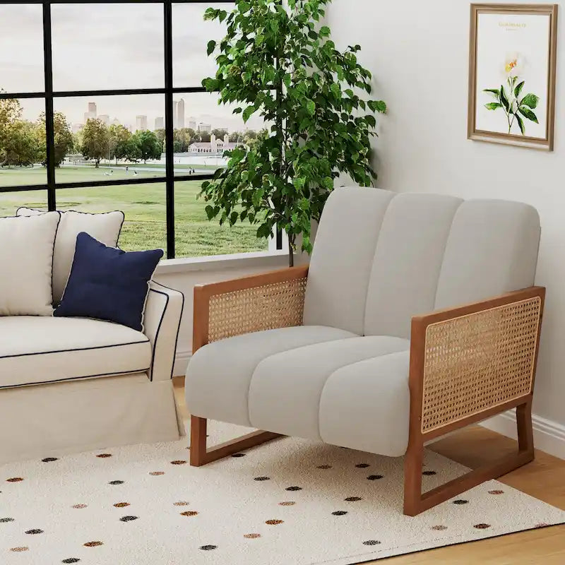 Krzesła dekoracyjne z rattanu, tapicerowane krzesło z naturalnego rattanu w stylu mid-century modern, lniane krzesła boczne z podłokietnikami do salonu i sypialni