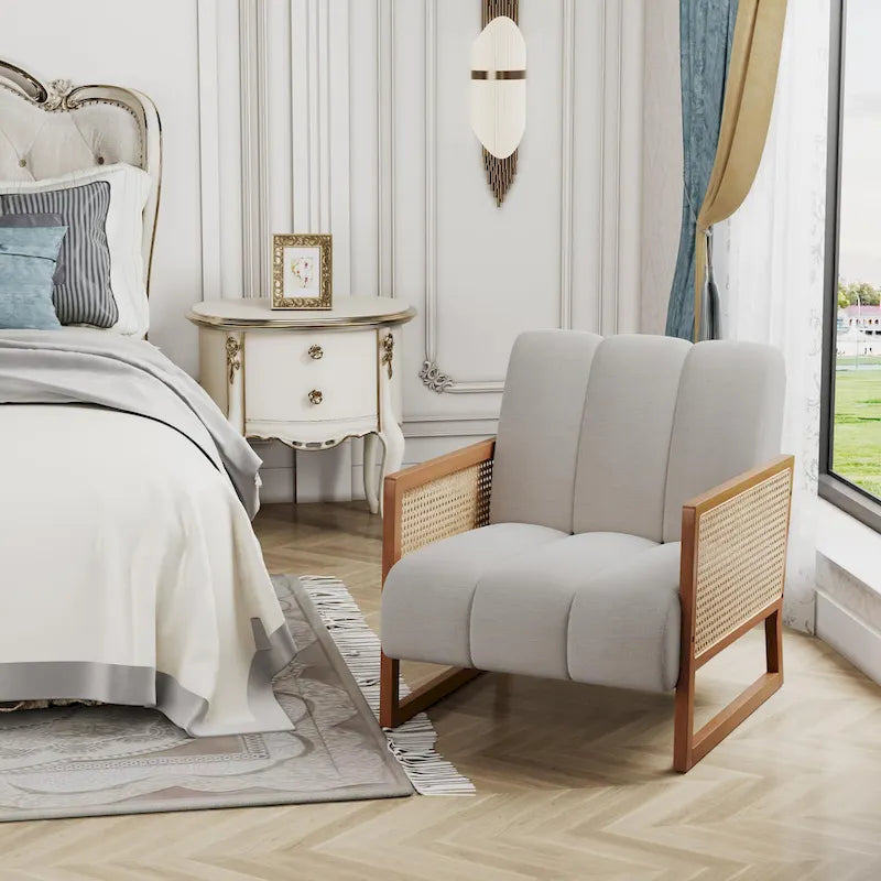 Krzesła dekoracyjne z rattanu, tapicerowane krzesło z naturalnego rattanu w stylu mid-century modern, lniane krzesła boczne z podłokietnikami do salonu i sypialni