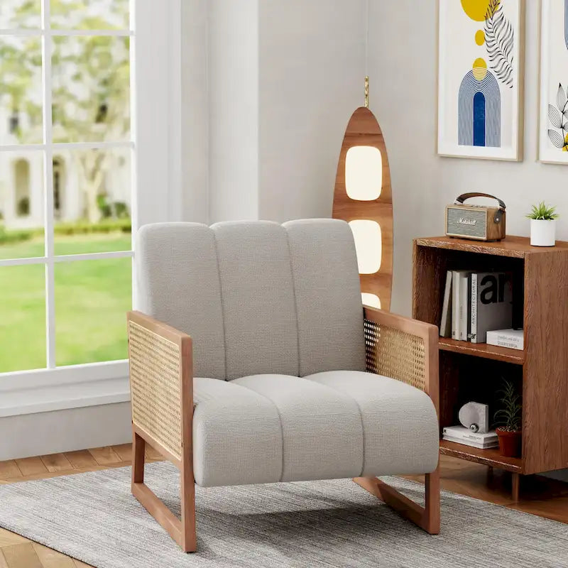 Krzesła dekoracyjne z rattanu, tapicerowane krzesło z naturalnego rattanu w stylu mid-century modern, lniane krzesła boczne z podłokietnikami do salonu i sypialni
