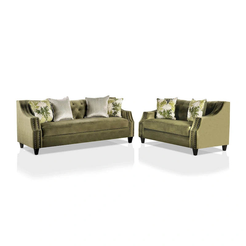 Olie Übergangs-Wohnzimmer-Set von Furniture of America, 2-teilig, grün, aus Mikrofaser mit geschwungenen Armlehnen
