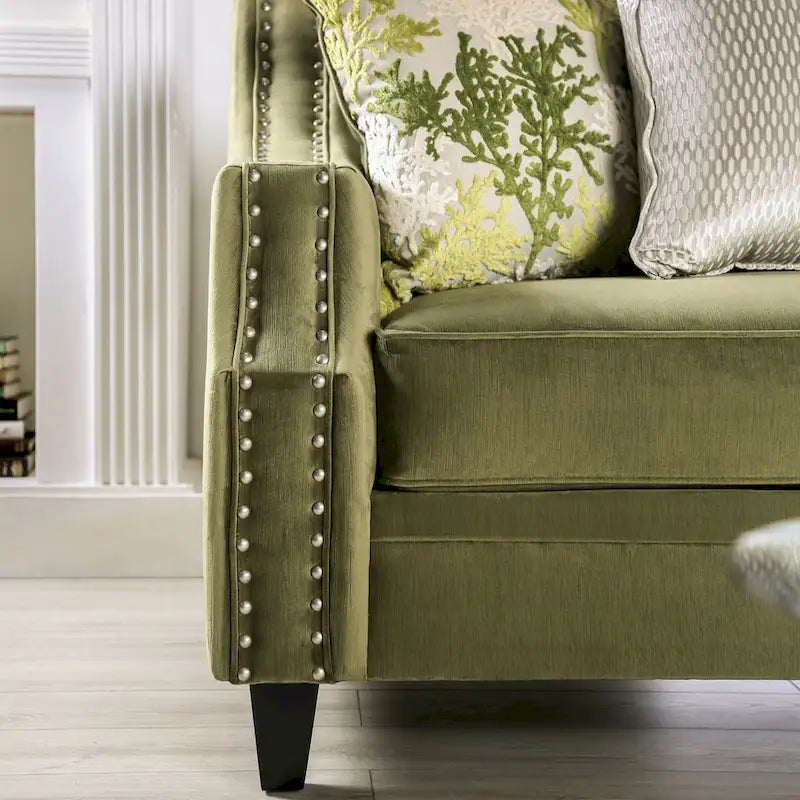 Olie Übergangs-Wohnzimmer-Set von Furniture of America, 2-teilig, grün, aus Mikrofaser mit geschwungenen Armlehnen
