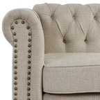 Divanetto Chesterfield in lino Morden Fort con capitonné a bottoni, borchie e gambe in legno massiccio per il soggiorno