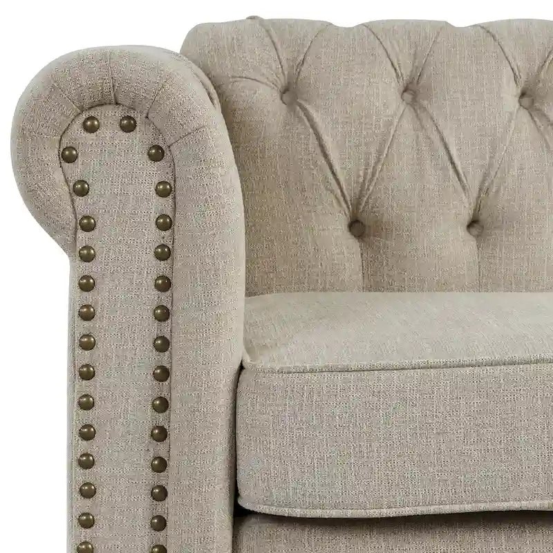 Divanetto Chesterfield in lino Morden Fort con capitonné a bottoni, borchie e gambe in legno massiccio per il soggiorno
