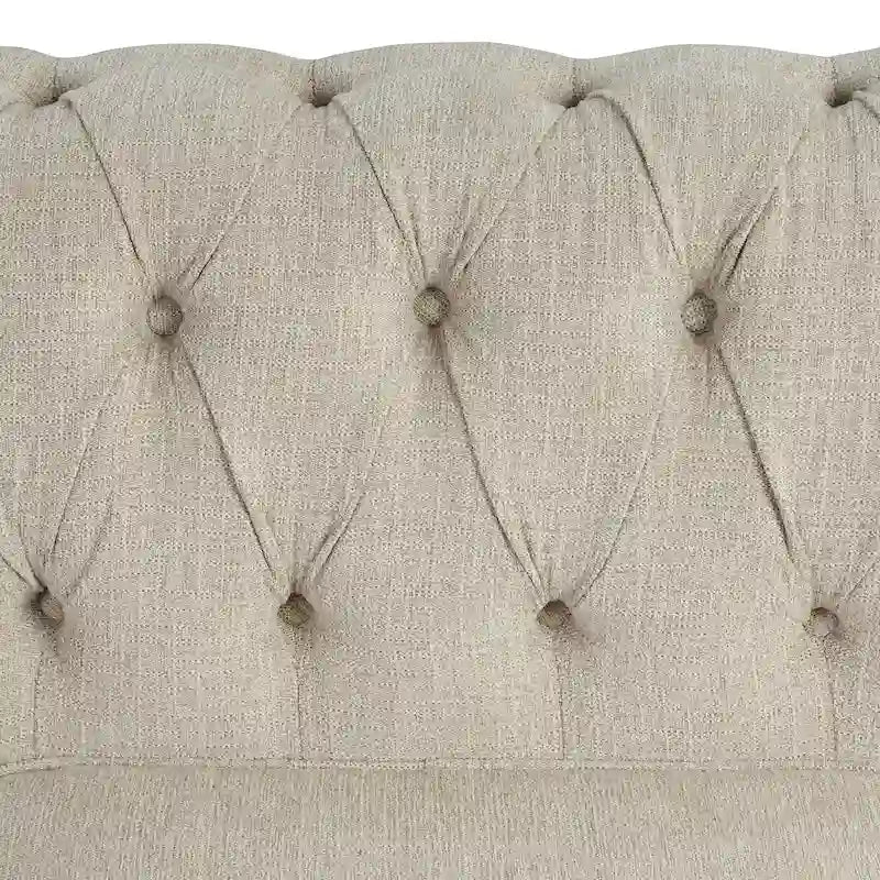 Divanetto Chesterfield in lino Morden Fort con capitonné a bottoni, borchie e gambe in legno massiccio per il soggiorno