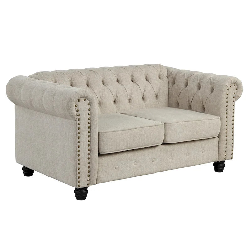 Divanetto Chesterfield in lino Morden Fort con capitonné a bottoni, borchie e gambe in legno massiccio per il soggiorno
