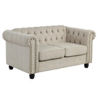 Divanetto Chesterfield in lino Morden Fort con capitonné a bottoni, borchie e gambe in legno massiccio per il soggiorno