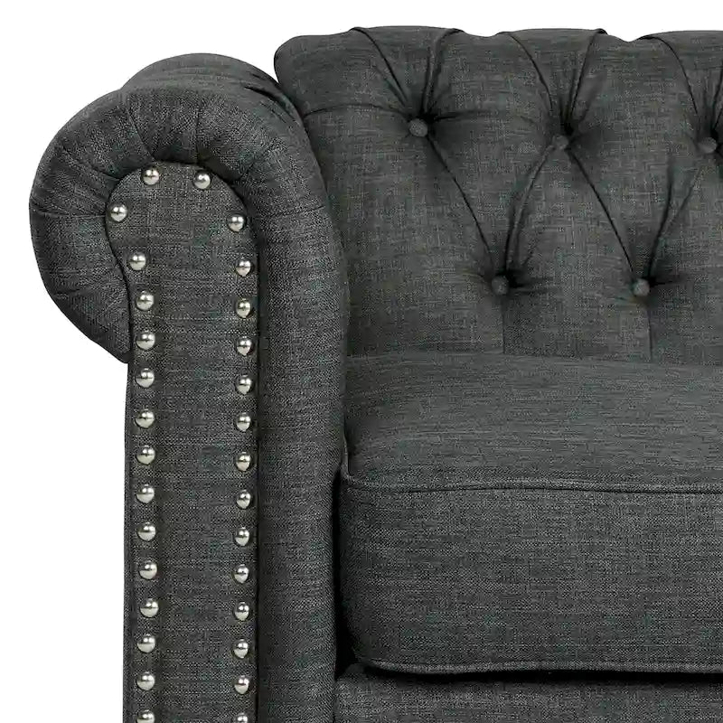 Divanetto Chesterfield in lino Morden Fort con capitonné a bottoni, borchie e gambe in legno massiccio per il soggiorno