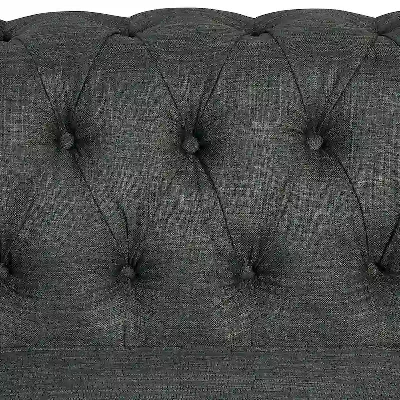 Divanetto Chesterfield in lino Morden Fort con capitonné a bottoni, borchie e gambe in legno massiccio per il soggiorno