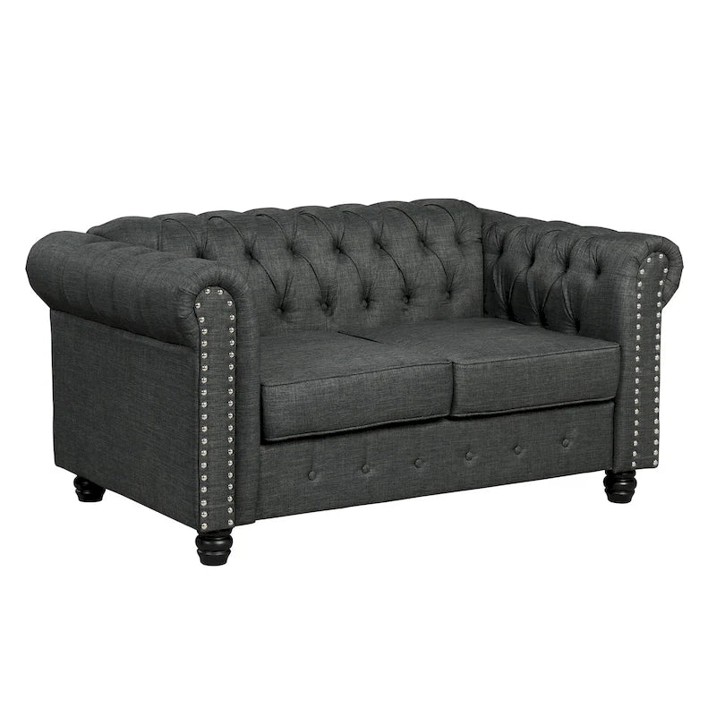 Divanetto Chesterfield in lino Morden Fort con capitonné a bottoni, borchie e gambe in legno massiccio per il soggiorno