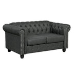 Divanetto Chesterfield in lino Morden Fort con capitonné a bottoni, borchie e gambe in legno massiccio per il soggiorno