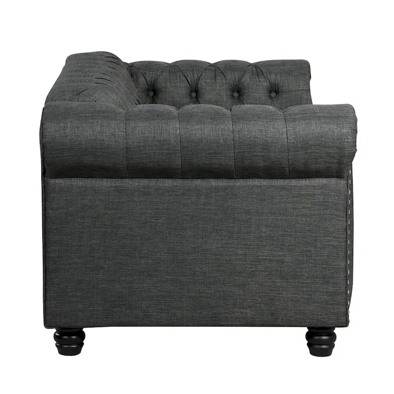 Divanetto Chesterfield in lino Morden Fort con capitonné a bottoni, borchie e gambe in legno massiccio per il soggiorno