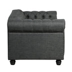 Divanetto Chesterfield in lino Morden Fort con capitonné a bottoni, borchie e gambe in legno massiccio per il soggiorno