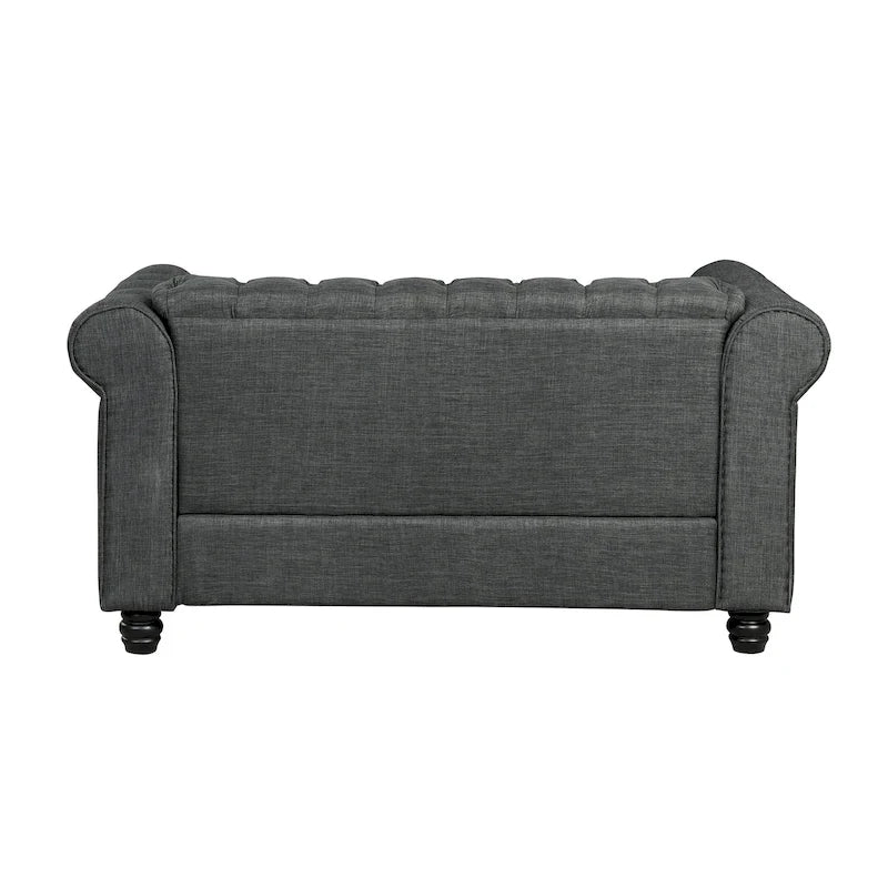 Divanetto Chesterfield in lino Morden Fort con capitonné a bottoni, borchie e gambe in legno massiccio per il soggiorno