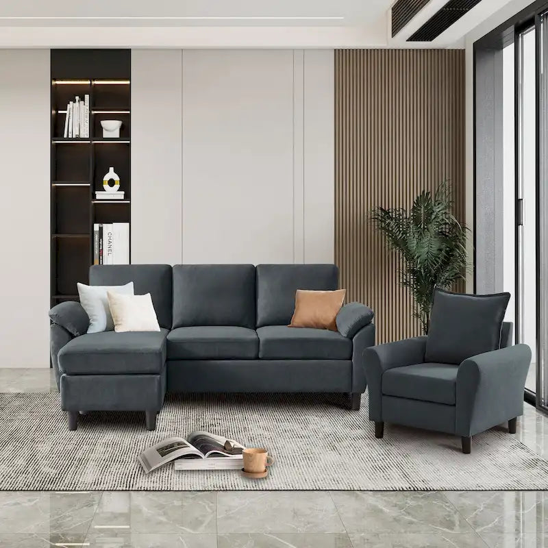 3-teiliges Wohnzimmer-Ecksofa-Set mit Sessel und Hocker