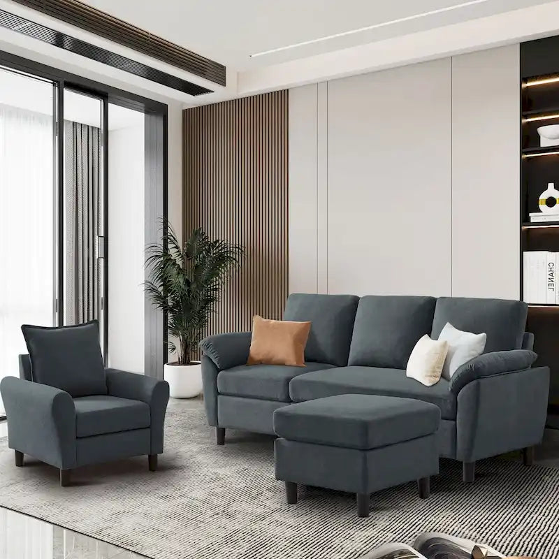 3-teiliges Wohnzimmer-Ecksofa-Set mit Sessel und Hocker
