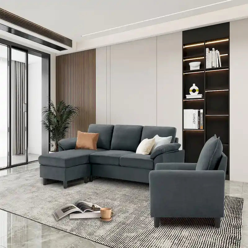 3-teiliges Wohnzimmer-Ecksofa-Set mit Sessel und Hocker