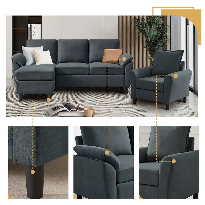3-teiliges Wohnzimmer-Ecksofa-Set mit Sessel und Hocker