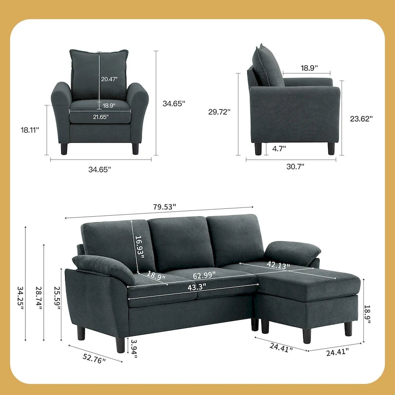 3-teiliges Wohnzimmer-Ecksofa-Set mit Sessel und Hocker